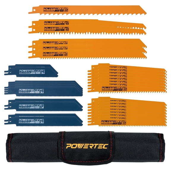 POWERTEC 32-Piece Reciprocating Saw Blades Set and Organizer Pouch with M42 Bi Metal and HCS Pruning Blades for Metal and Wood Cutting (14401N)