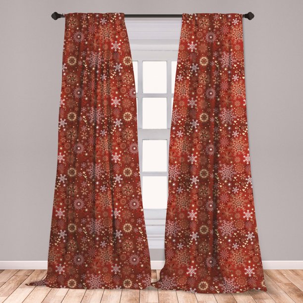 Christmas Curtains 2 Panels Set, Ornate Snowflakes with Floral Swirls