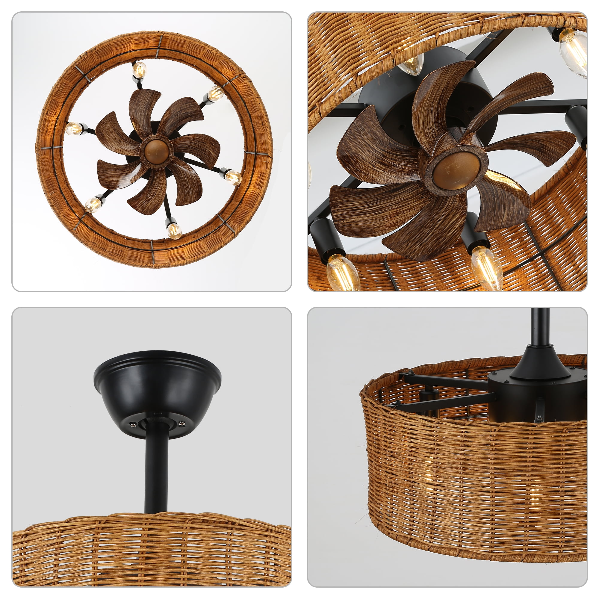 18" Bohemia Rattan Ceiling Fan with Light and Remote Control 6-speed Reversible DC Motor Farmhouse Chandelier for Bedroom