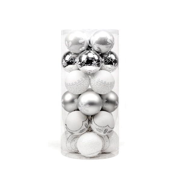 Paquete de 24 bolas de Navidad, decoración de árboles, adornos de plástico reutilizables para exteriores, colgante decorativo para habitación Kits de decoración para fiestas Plata Blanco Tipo 2 Inteprter HA065168-02B