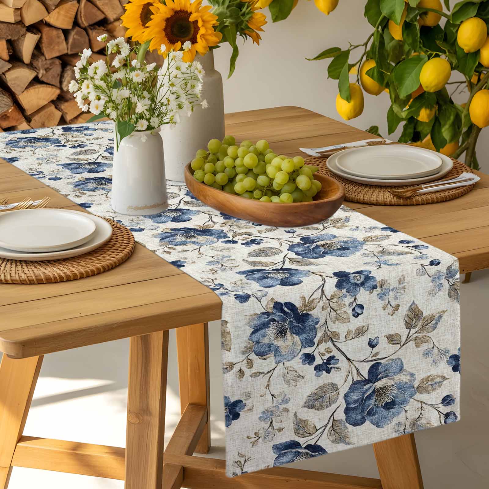 Blue Gray Spring Floral Cotton Linen Table Runner for Dining Kitchen, Vintage Botanical Wedding Outdoor Party Tablerunners Decoration, Dresser Scarf Coffee Tablecloth Runners 13x72 Inches