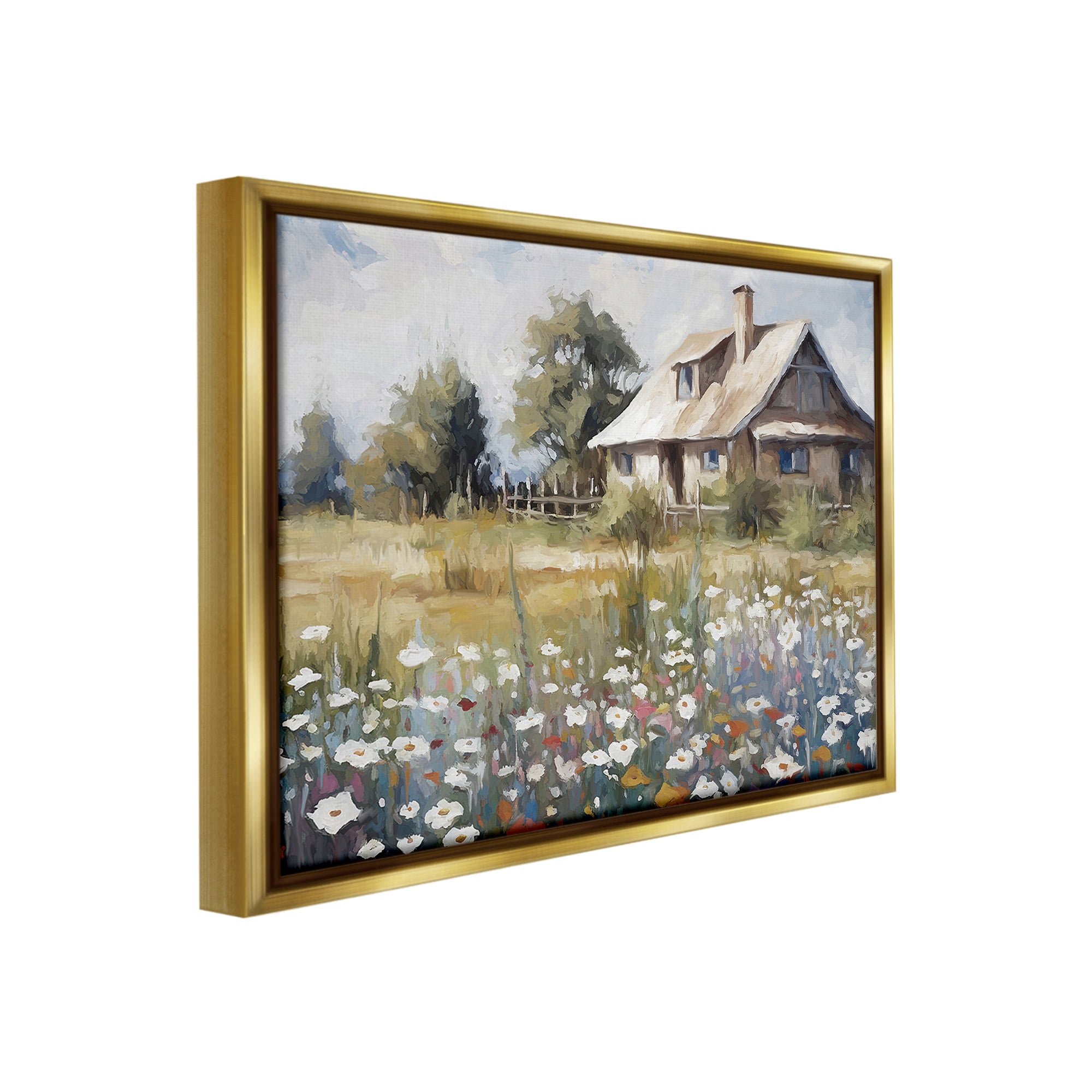 Stupell Industries Charming Prairie Cottage Landscape Painting Gold Floater Framed Canvas Art Print Wall Art, 31 x 25