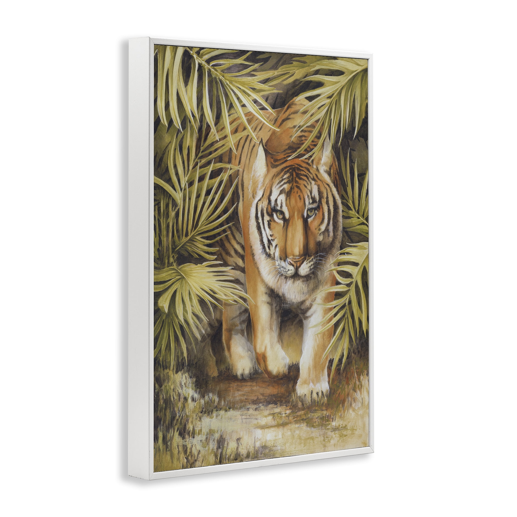 Stupell Industries Tiger Prowling Through Leaves Animals & Insects Painting White Framed Art Print Wall Art, 12 x 18