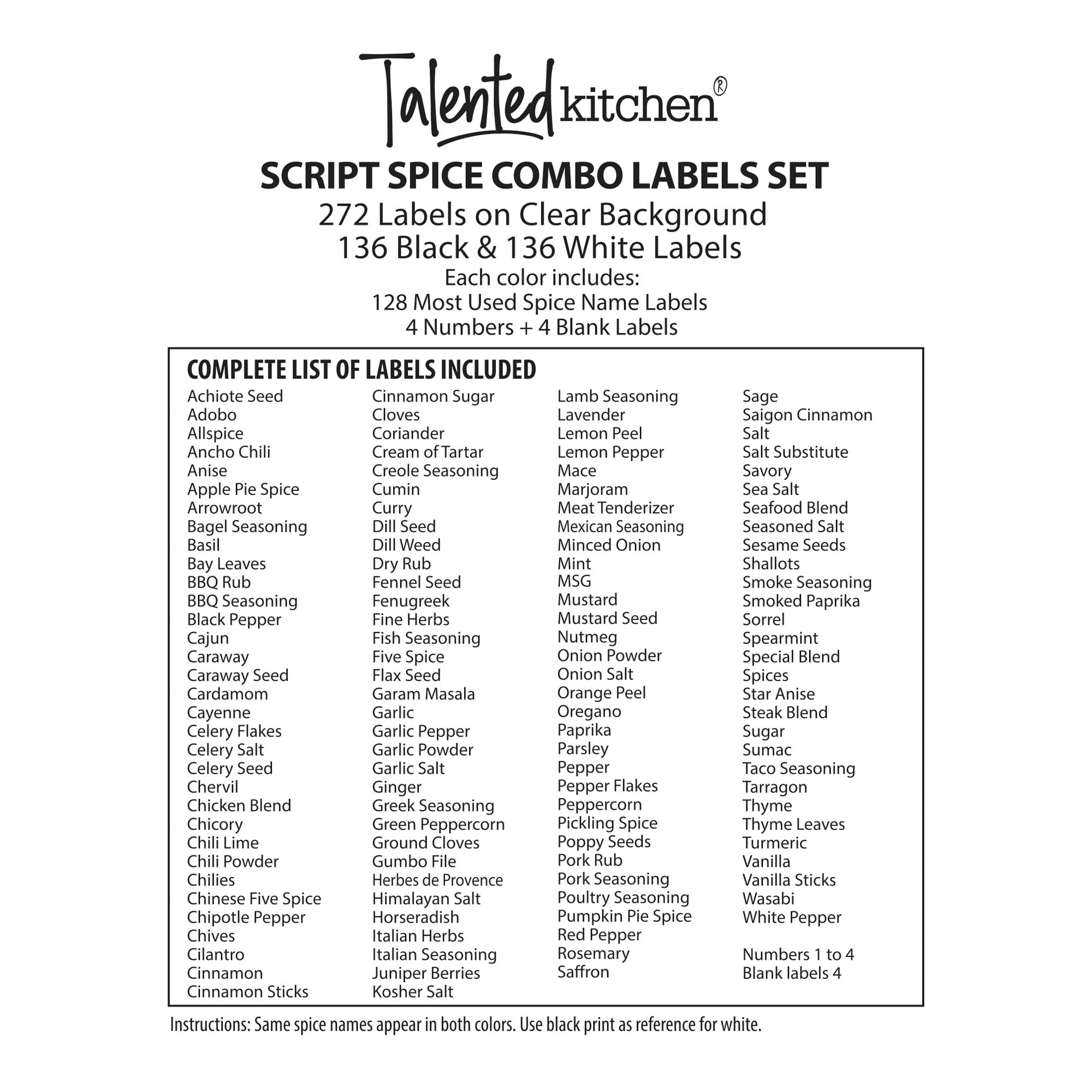 Transparent Spice Labels Preprinted Waterproof Black White Letter