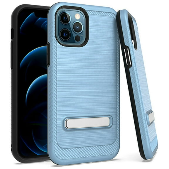Kaleidio Case For iPhone 12 Pro Max (6.7") [Metallic Armor] Brushed Metallic [Shockproof] Kickstand Carbon Accent Cover [Blue/Black]