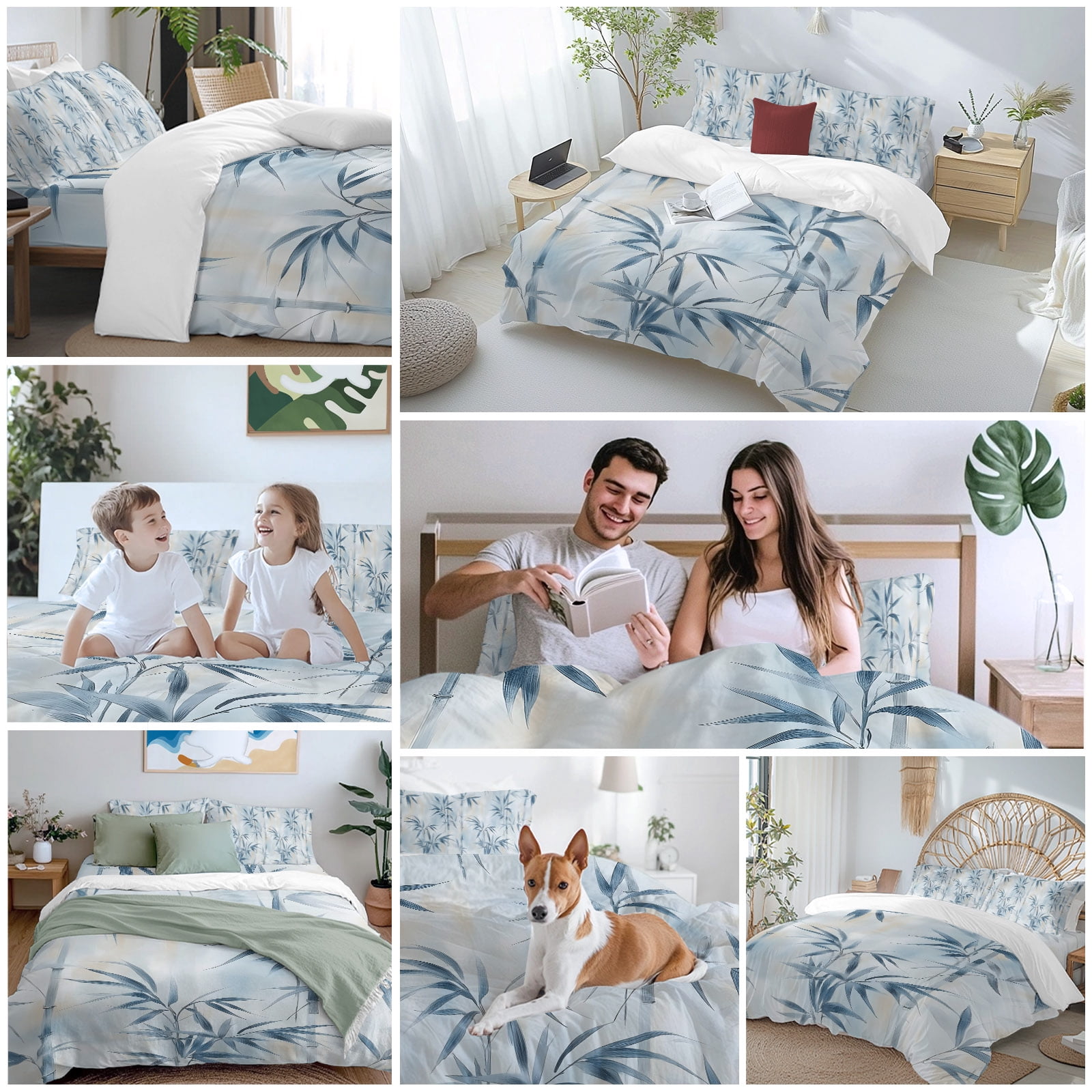 Bamboos Leaf Queen Duvet Cover Set, Abstract Blue Leaves Branches Watercolor 4 Piece Microfiber Bedding Set with Zipper Closure, Bed Sheet and 2 Pillow Shams, Soft Bedding Cover