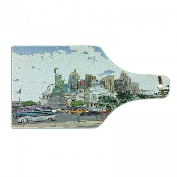 USA Cutting Board, Hand Drawn Las Vegas City Nevada Street Sketch Buildings of Liberty Cars Palms, Decorative Tempered Glass Cutting and Serving Board, Wine Bottle Shape, Multicolor, by Ambesonne