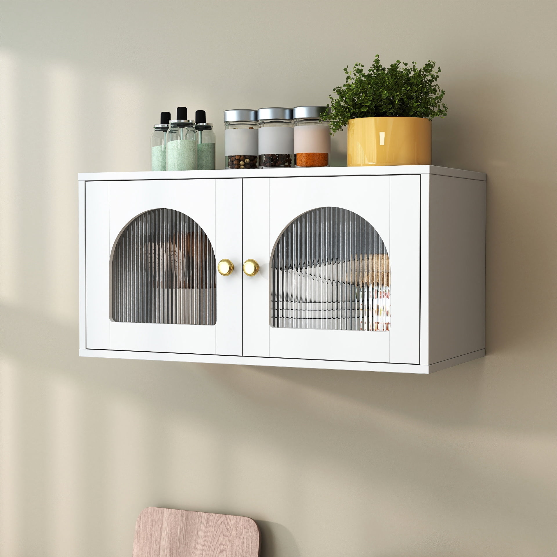 Wall Mounted Cabinet Glass Door Floating Storage Cabinet for Kitchen Bathroom Living Room, White