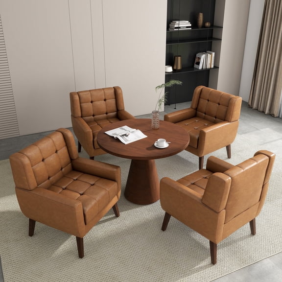 DREAMSIDEA Faux Leather Accent Chairs Set of 4 Living Room,Tufted Armchair for Bedroom Single Sofa Set, Brown