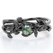JeenMata Botanical Design 0.50 Carat Round Shape Natural Scenic Moss Green Agate Solitaire Wedding Ring Set in 18K Black Gold Plating over Silver