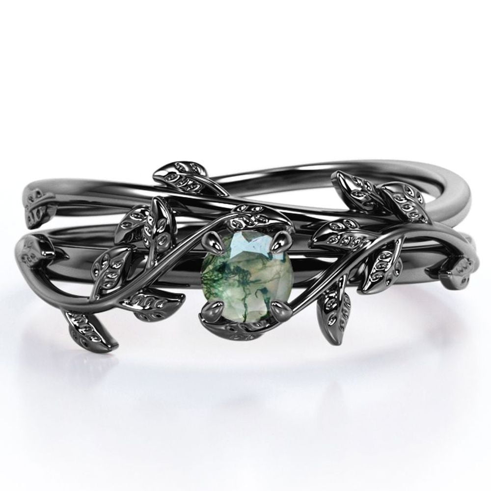 JeenMata Botanical Design 0.50 Carat Round Shape Natural Scenic Moss Green Agate Solitaire Wedding Ring Set in 18K Black Gold Plating over Silver