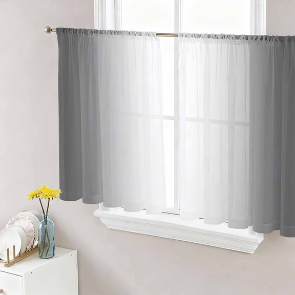 Grey Ombre Semi Sheer Window Curtains 54 Inches Long, Gray White Gradient Modern Abstract Art Rod Pocket Voile Silky Chiffon Curtain Light Filtering Drapes for Living Room, Kitchen, 52"x54", 2 Panels