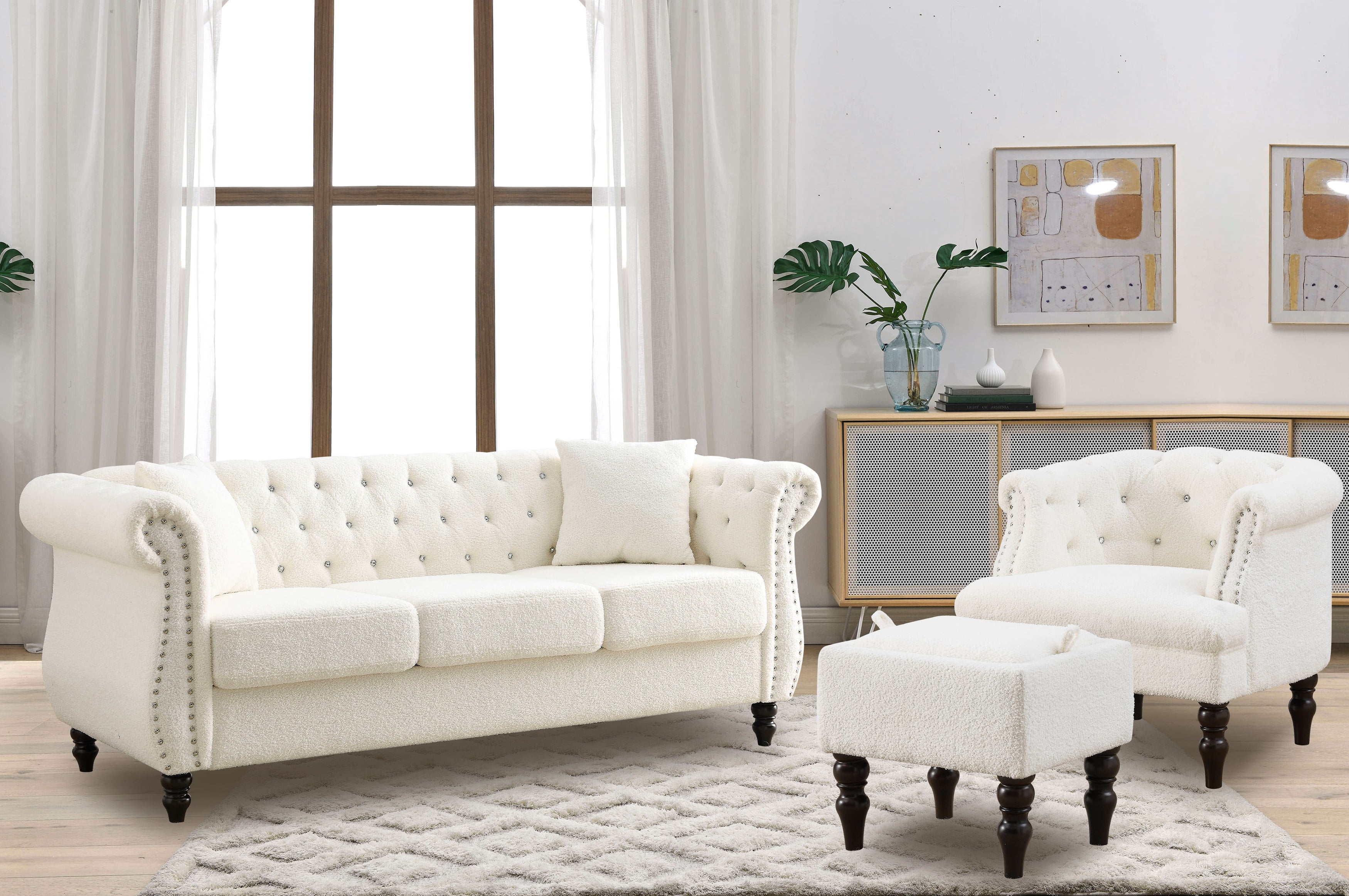 3 Pieces Living Room Furniture Sofa Sets, Modern Velvet Chesterfield ...