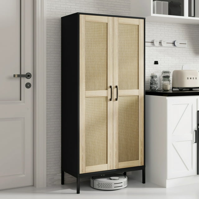 Farmhouse Kitchen Pantry Cabinet with 3 Adjustable Shelves, Rattan Doors, Freestanding Design for Kitchen,Dining Room,Living Room