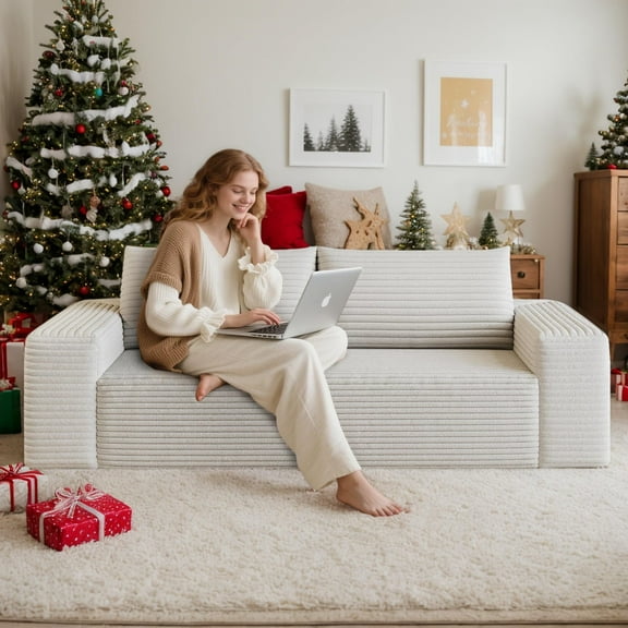 63" W Corduroy Boneless Couch, 2-Seater Compression Sofa with Deep Seat, No Assembly Required, Comfy Loveseat Sofa with 2 Pillows, Sofa Couches for Living Room/Apartment