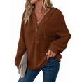 thumbnail image 1 of Sudadera con Capucha de Larga de Punto Gofre para Mujer, con Cordón, Botones, Cuello en V, Informal, con Capucha. Color Caramelo XXL, 1 of 9