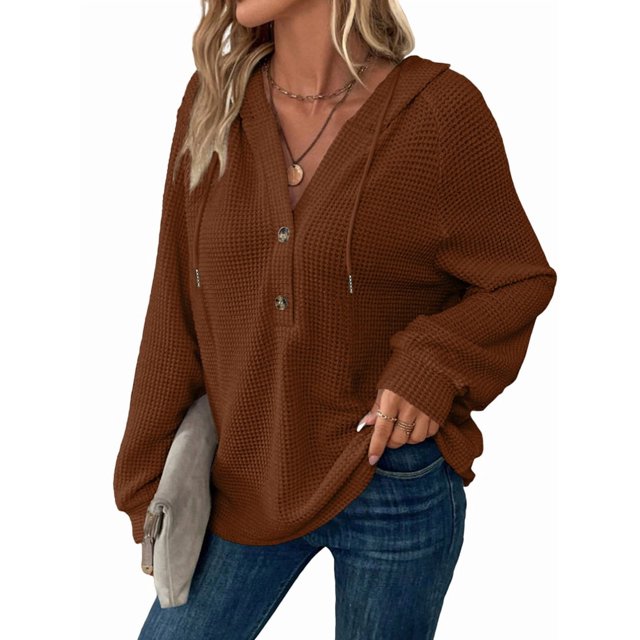 Sudadera con Capucha de Larga de Punto Gofre para Mujer, con Cordón, Botones, Cuello en V, Informal, con Capucha. Color Caramelo XXL