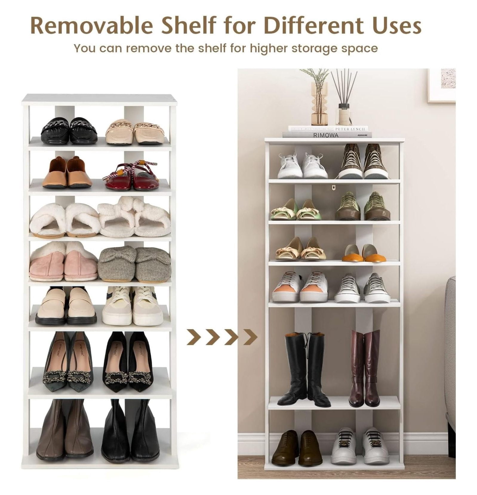 7 Tiers Vertical Shoe Rack, Wooden Slim Shoe Storage Shelf, Narrow Shoe Stand Tower for Boots, Space Saving Shoe Organizer for Closet, Entryway, Front Door (Large, White)