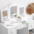 thumbnail image 3 of Kids Vanity Table Set with Light, Tri-Folding Mirror, 5 Drawers and Square Stool, Wood Makeup Desk Dressing Table with Open Storage Shelves and Detachable Top, 3 of 5
