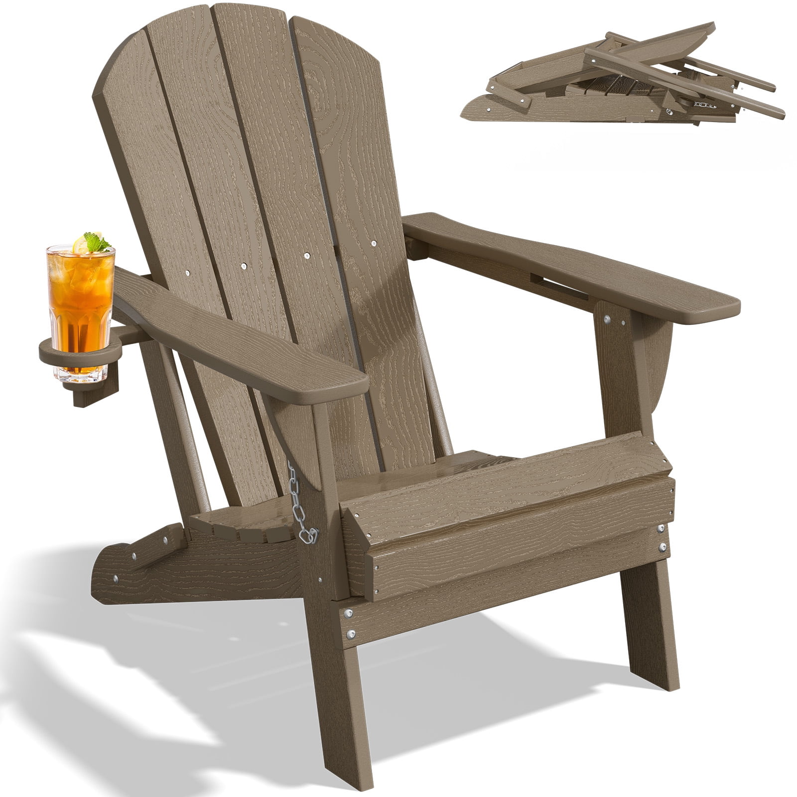 Easthome Adirondack Chair Set of 2, HDPE All-Weather Patio Chairs with Cup Holder & 380lb Capacity, Outdoor Lawn Chairs for Deck, Garden, Poolside, Patio - Brown