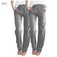 thumbnail image 2 of Wyobmus 2PC Cotton Linen Pants for Women Casual Solid Color Drawstring Loose Pants Straight Wide Leg Trousers With Pocket A-Gray, 2 of 6