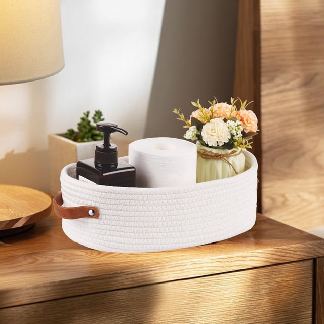 Cesta de almacenamiento de algodón tejido Gris Caqui Blanco | Organizador de encimeras de baño 13x6x4in | Contenedor decorativo del depósito del inodoro | Duradero, con doble costura | Decoración de