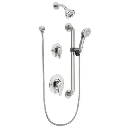 - Moen T9342GBM25 M-Dura 2.5 GPM Shower System - w/ Valve Trim, Shower Arm, Showerhead, Grab Bar, Handshower, Hose, & Elbow Supply