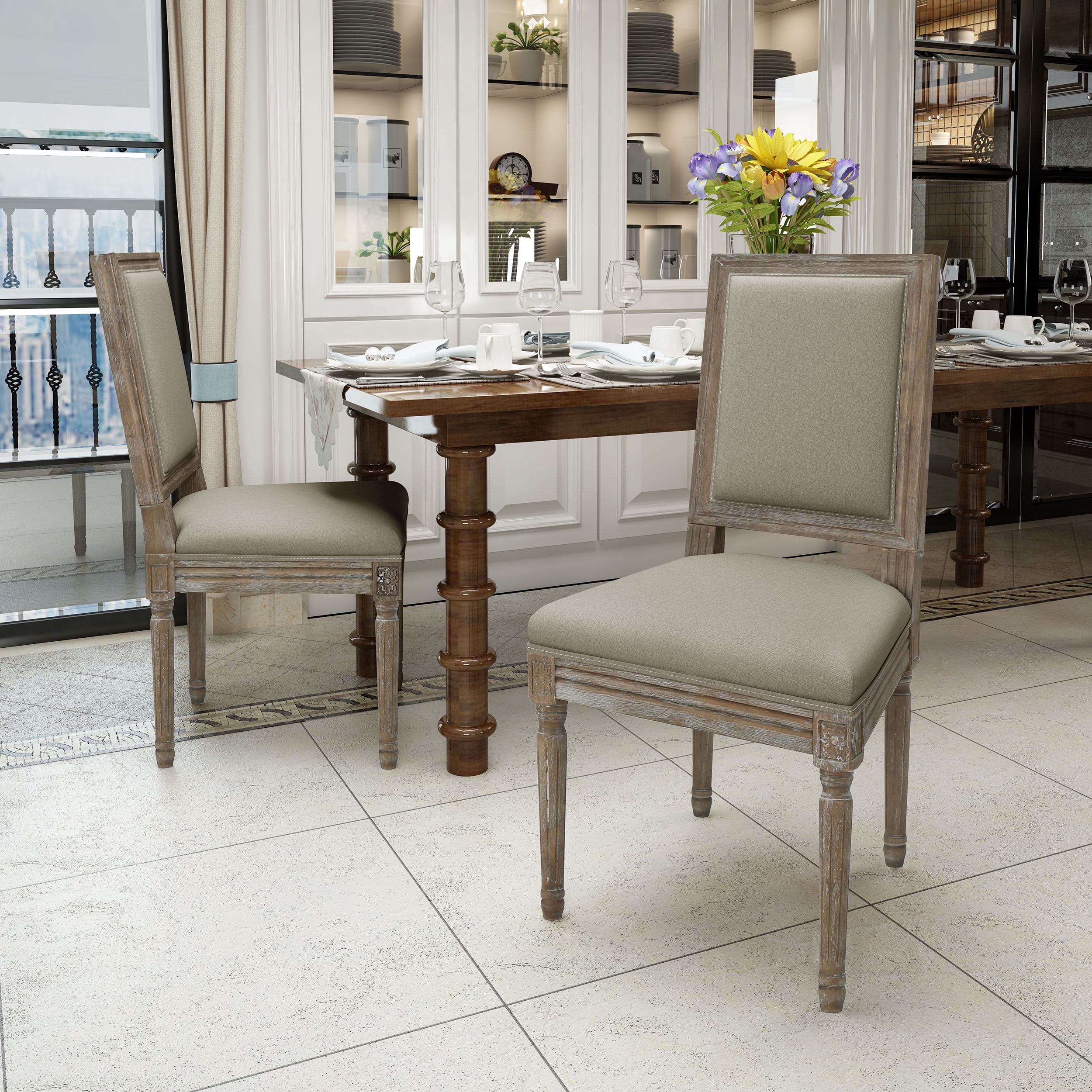 Noble House Dior Indoor Traditional Fabric Dining Chairs, Wheat, Dark Brown