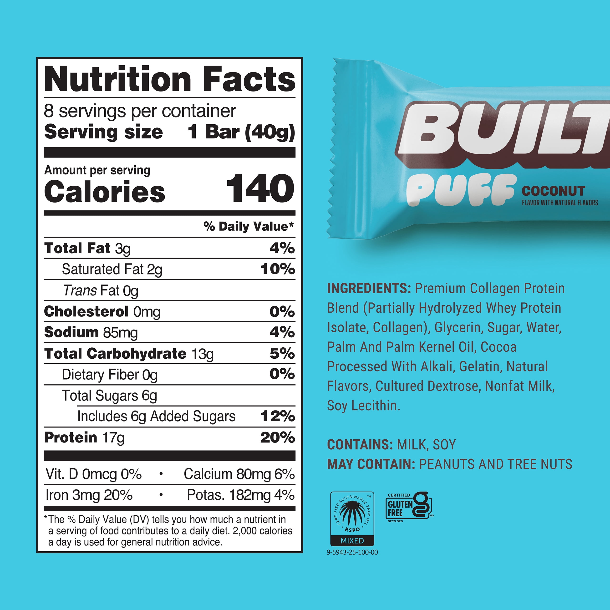 BUILT Puff Protein Bar, Coconut, 17g Protein, Collagen, 140 Calories, 4 Count Box, 1.41 oz Bars