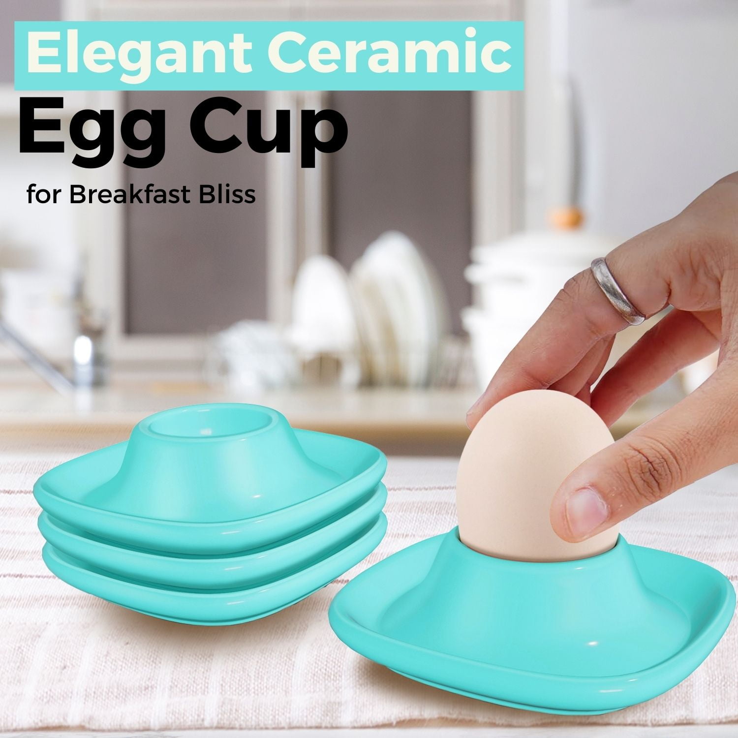 Ceramic Egg Cups Set of 6 Half Dozen Pack, Porcelain Hard Soft Boiled Egg Holder Keeper Container with Base, Stackable Serving Dish Plate Stand Serveware for Countertop Display Kitchen Home (Blue)