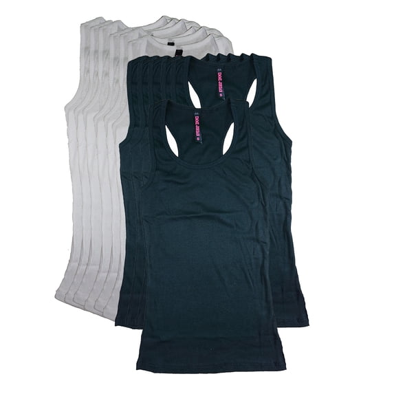 Emme Jordan Junior Women's 12 Pack Racer Back Tank Tops/Cotton Ribbed (Medium, Blk/Wht Racer Back)