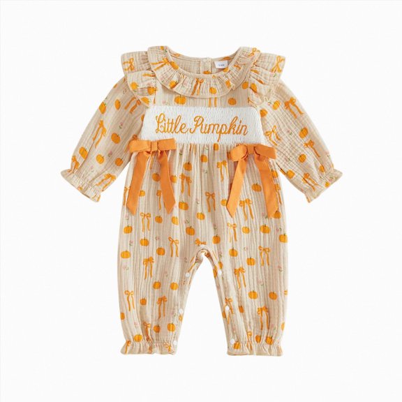 Wonitaaizi Newborn Baby Girl Halloween Outfit Pumpkin Jumpsuit Romper Sleeve Bodysuit Long Overalls (0-3 Months,Beige)