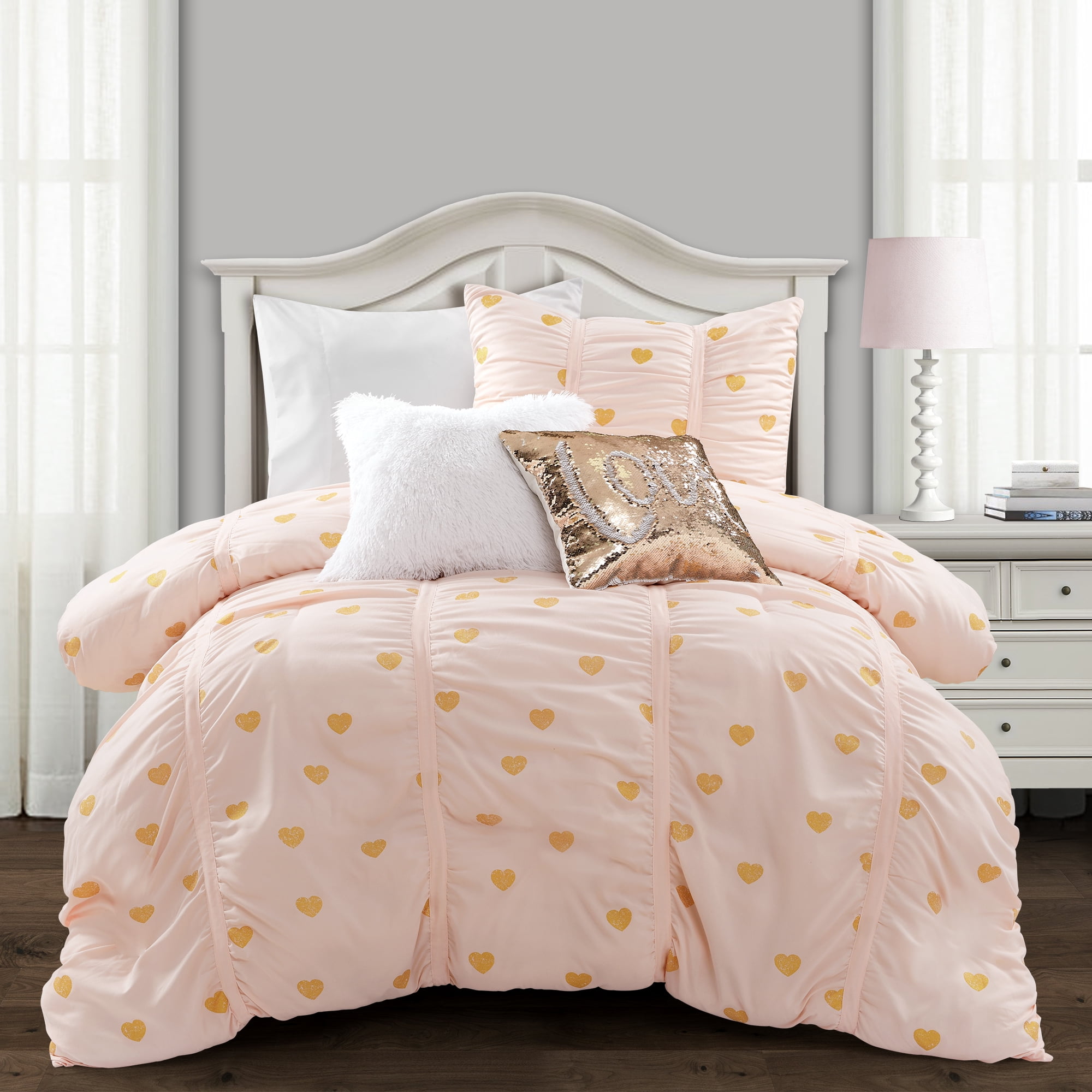 Lush Decor Distressed Metallic Heart Print Polyester Comforter, Twin-XL