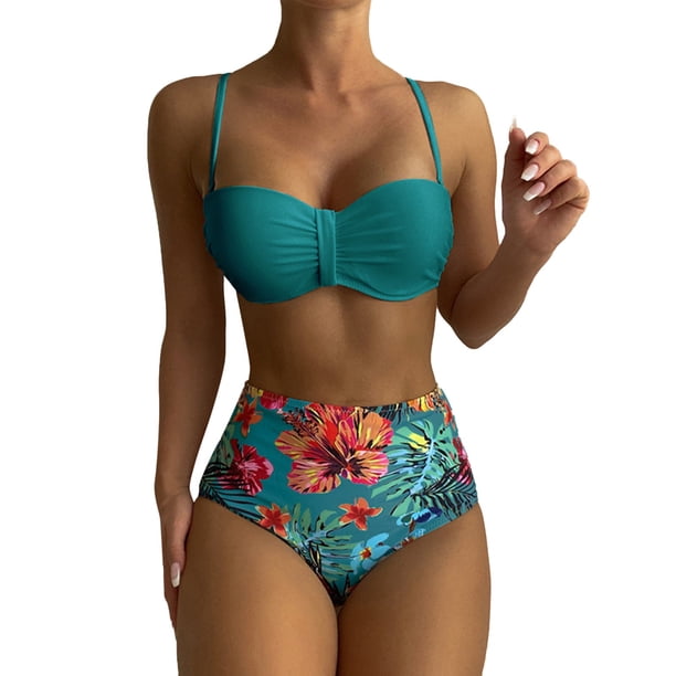 MKLEKYY Trajes De Baño Completo Mujer Womens Bikini Sets High Waisted Two Piece Swimsuits Floral Print Swimwear Swimsuits