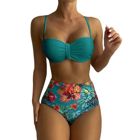 2 Piece Bikinis V-Neck for Women Womens Bikini Sets High Waisted Two Swimsuits Floral Print Halter Swimwear Fashionable Swimwear 2025 Green