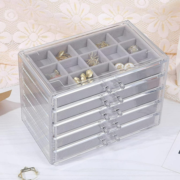 Frebeauty Acrylic Jewelry Organizer,Earring Organizer Box with 5 Drawers  Clear Jewelry Box with Velvet Trays for Women,Stackable Earring Display