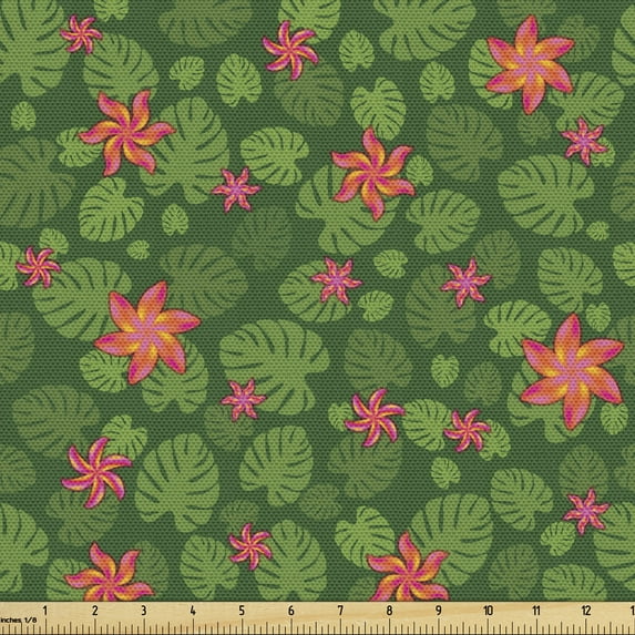 Exotic Upholstery Fabric by the Yard, Natural Theme Tropical Oasis Pattern Along Pink Flowers Green Palm Leaves Pattern, Decorative Fabric for DIY and Home Accents, Multicolor by Ambesonne