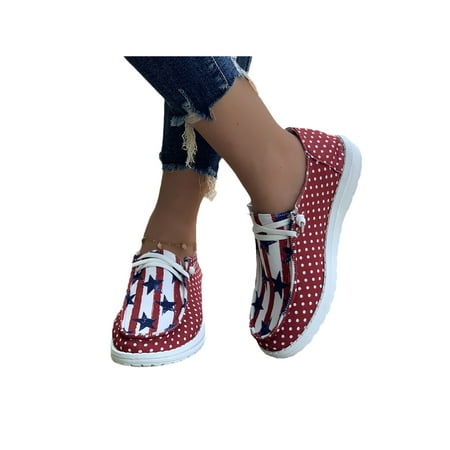 

SIMANLAN Ladies Flats Slip On Sneakers Flat Canvas Shoe Women Breathable Comfort Shoes Womens Casual Red Flag 11