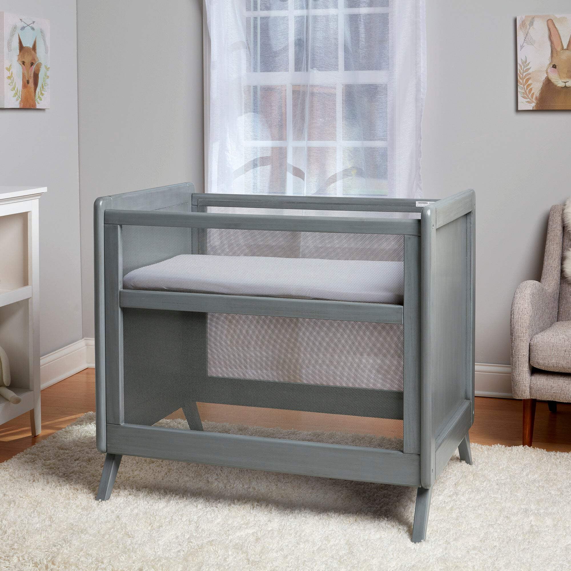 BreathableBaby 2-in-1 Breathable Mesh Mini Crib with Mattress, Gray, Greenguard Gold Certified