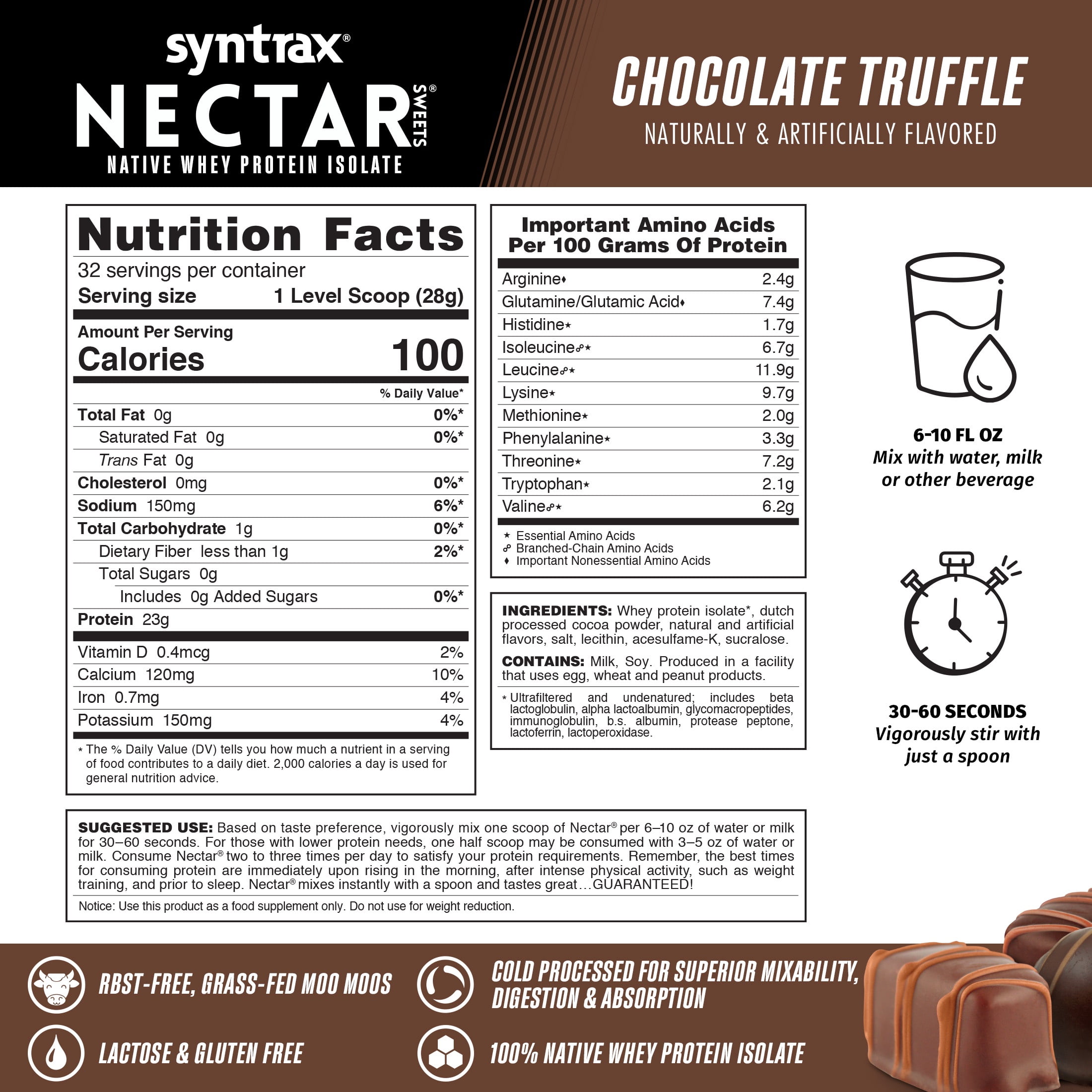 Syntrax Nectar Sweets, Chocolate Truffle, 2 lbs. Native Whey Protein Isolate Powder, offers a Rich Chocolate Flavor