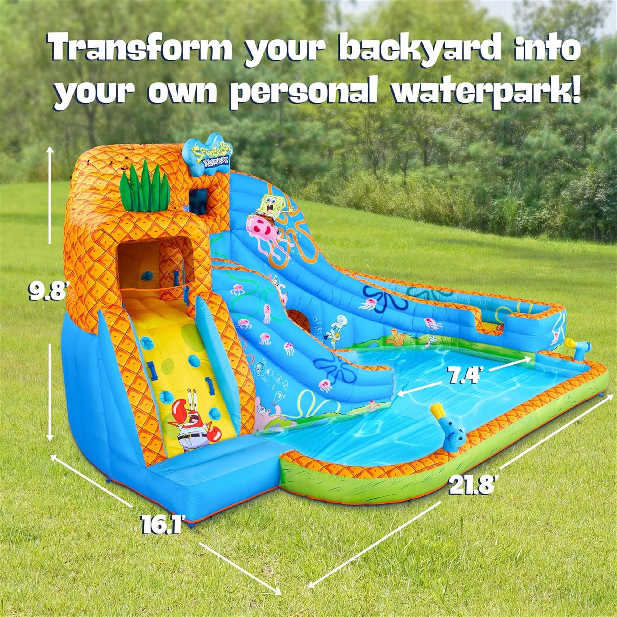 Sunny & Fun Fun SpongeBob Inflatable Water Slide with Climbing Wall, Dual Slides & Splash Pool