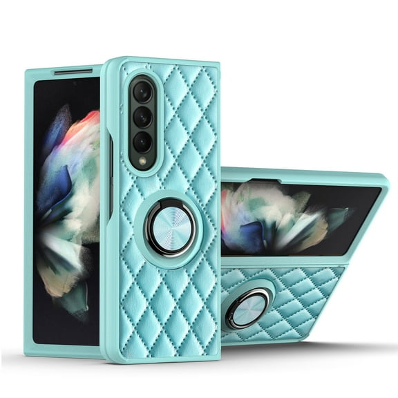 Galaxy Z Fold 3 Case with Ring Holder Magnetic Car Mount, Fashion PU Leather Phone Case Soft TPU Back Cover Shockproof Shell for Women Girls for Samsung Galaxy Z Fold 3 2021 (5G), Skyblue