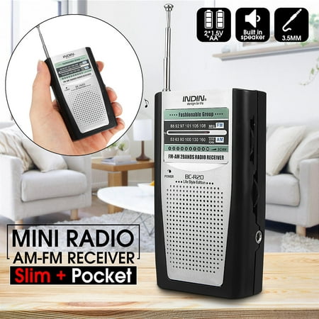 INDIN Portable Pocket Handy AM/FM Radio Receiver Mini MP3 Player Speaker Built-in 2 Band Telescopic Antenna Worldwide Frequency & Clip W/ 3.5mm Earphone Jack