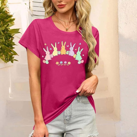TaTaai Fashion Casual Women T Shirt Cotton Easter Print Crew Neck Short Sleeve Loose Fit Soft Breathable Lightweight Daily Holiday Street Wear Top Gift