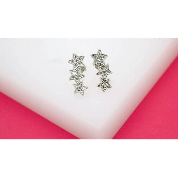 18K Rhodium Filled Three Stars Stud Earrings With CZ Cubic Zirconia Stones (L77)