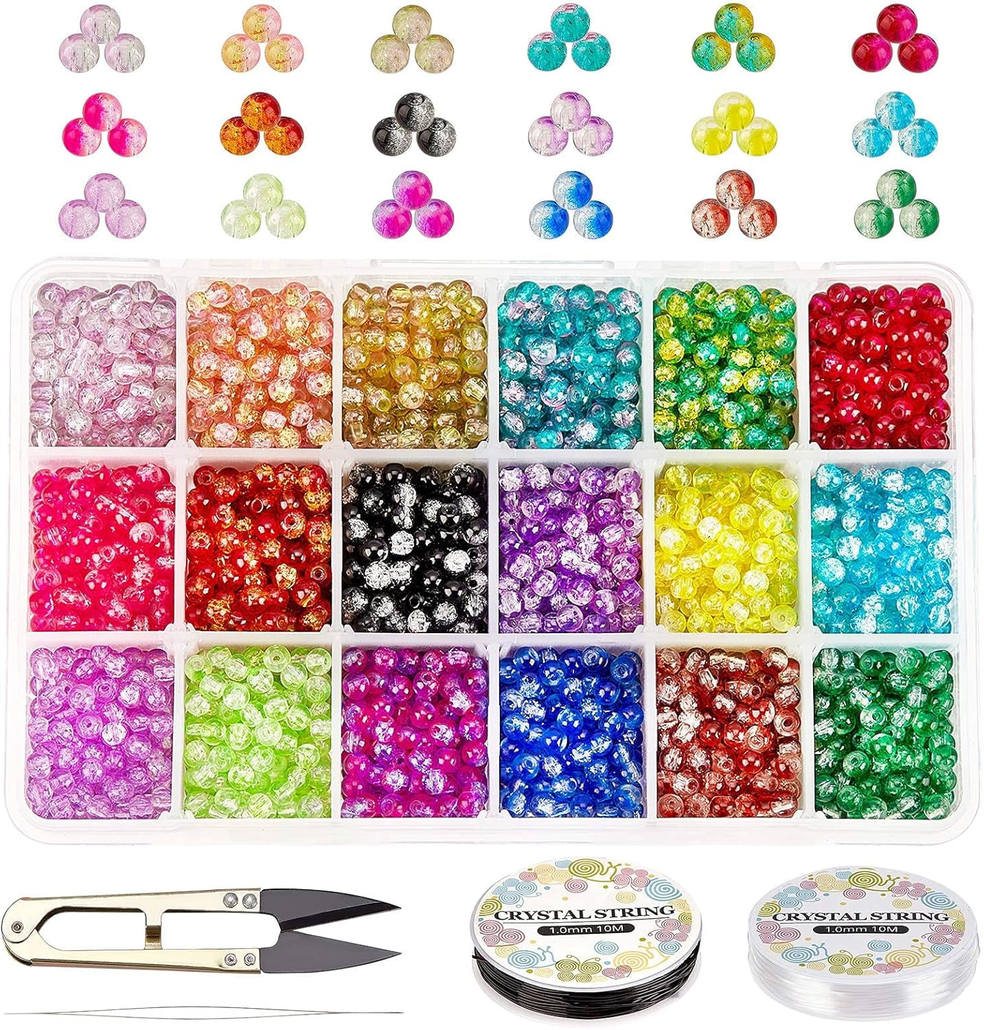 18 Color 4mm Round Glass Beads Round Beads with Scissors Elastic Thread and Beading Needles for Beading Friendship Bracelet Jewelry Making Christmas Tree Ornament