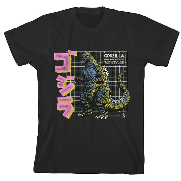 Godzilla Grid & Kanji Crew Neck Short Sleeve Boy's Black T-shirt-Medium