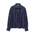 thumbnail image 3 of Women'S Tie Design Denim Button High Neck Jacket with Elastic and Puff Sleeves Navy Blue M, 3 of 5