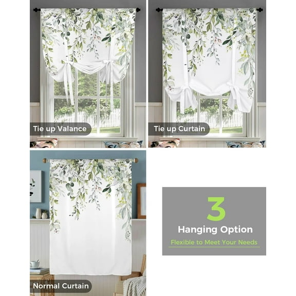 Watercolor Green Leaves Window Curtain for Living Room Home Decor Blinds Drapes Kitchen Tie-up Short Curtains
