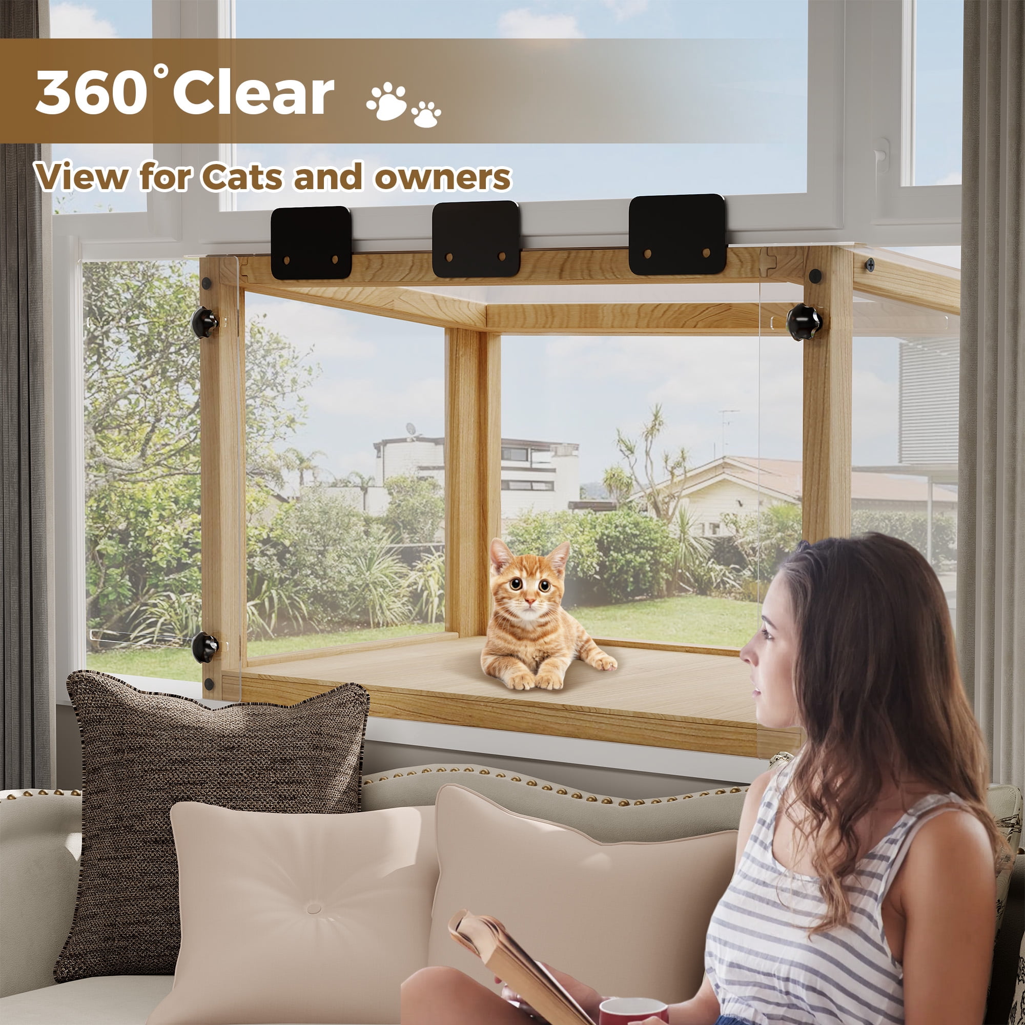 Waterproof Window Cat Perch Catio, Wood Cat Window Box, Window Catio for Indoor Cats Single Hanging Window with an Inner Diameter of The Window Frame with A Net Opening Width of 24-35 in